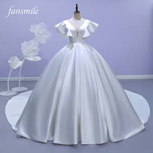 Женское атласное платье невесты Fansmile, Элегантное свадебное платье с V-образным вырезом, рукавом-фонариком и шлейфом, модель 2021 2024 - купить недорого