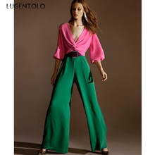 Elegant Two-piece Set Women Summer Sexy V-neck Pink Tops Ladies Green High Waist Wide Leg Pants Casual Fashion Sets  Lugentolo 2024 - buy cheap