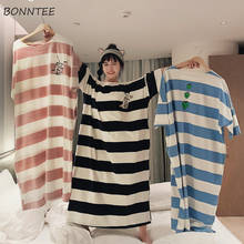 Nightgowns Women Short Sleeve Striped Cartoon Fashion Lovely Korean Style Trendy Simple Cozy Comfortable Loose Leisure Sleepwear 2024 - buy cheap