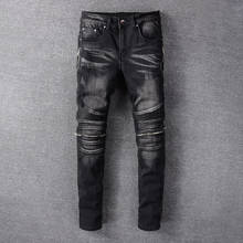 Fashion Streetwear Men Jeans Vintage Black Zipper Spliced Ripped Hip Hop Skinny Jeans Men Elastic Punk Pants Biker Jeans Homme 2024 - buy cheap