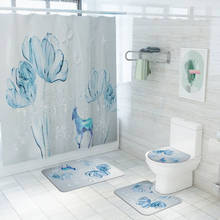 Luz azul elk impresso fibra de poliéster cortinas de chuveiro flores cortina de banheiro tapete de banho antiderrapante conjuntos de tapete de banho 2024 - compre barato