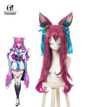 Rolecos peruca para cosplay da ahri, peruca para dia das bruxas com gradiente rosa vermelho ondulado, 70cm 2024 - compre barato