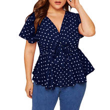 40#Plus Size Women Blouses Polka Dot Knot Front V Neck Short Sleeve Shirt Top Summer Elegant Blouse with Belt блузка женская 2024 - buy cheap