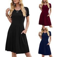 Women's Fashion Solid Color Pleated Loose With Pockets Round-Neck  Leisure Dress Ladies Fashion Plus Size платье Summer 2021 2024 - buy cheap