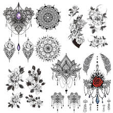 Tatuaje temporal de joyería falsa para mujer, tatuajes de flores de Henna con Mandala negro, Camelia Sexy, pluma, rosa, espalda, colgantes para el pecho, tatuajes 2024 - compra barato