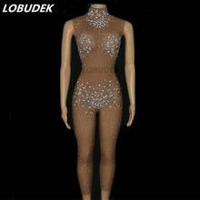 Sexy See Through Nude Mesh Sleeveless Rhinestones Jumpsuit Women Birthday Celebrate Prom Transparent Crystal Rompers Stage Wear 2024 - buy cheap