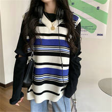 Hit Color Stripe Knit Vests Women Fall Korean New Casual Loose V-neck BF Sweater Sleeveless Femme Oversize Comfort Pullover Vest 2024 - buy cheap