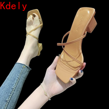 Sandália de salto alto quadrado, chinelo feminino elegante para áreas externas tamanho 42 2024 - compre barato