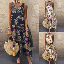 Summer Dress Women Vintage Sleeveless O Neck Leaves Floral Print Cotton Linen Long Baggy Dress Beach Vestidos 2024 - buy cheap