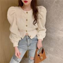 Spring Retro Corduroy Short Shirts Women French Style All-match Long Puff Sleeve Blouses Tops Single Breasted Blusas 2024 - buy cheap
