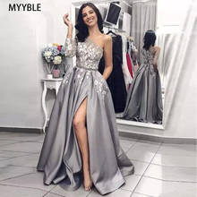 MYYBLE Gray Muslim Evening Dresses 2020 A-line One-shoulder Appliques Slit Dubai Saudi Arabic Long Evening Gown Prom Dress 2024 - buy cheap