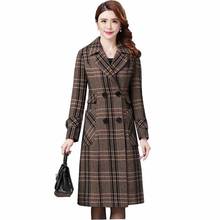 Модное длинное шерстяное пальто в клетку, Осень-зима 2021, женские двубортные топы, Женская Повседневная ветровка с поясом, верхняя одежда 2024 - купить недорого