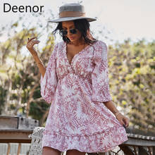 Deenor mulheres vestido de manga curta floral impressão casual vestidos femininos sexy com decote em v boho praia verão roupas para mulher 2024 - compre barato