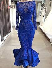 Long Sleeves Dubai Royal Blue Mermaid Evening Dresses 2020 Off The  Shoulder Beaded Lace Formal Abiye Prom Dresses Ruffled Train 2024 - buy cheap