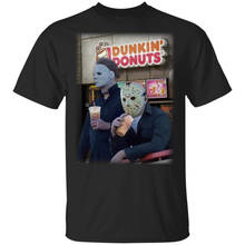 Camiseta do michael myers e jason voorhees, camiseta engraçada com bebida e donut 2024 - compre barato