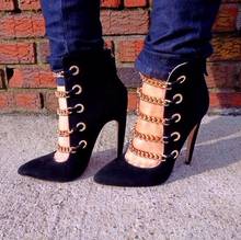 Zapatos de tacón alto con cadena elástica para mujer, tacones de Metal puntiagudos, de talla grande 10, color negro, baratos 2024 - compra barato