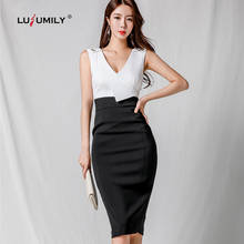 Lusumily Summer Pencil Office Lady Dress Small Sexy Deep V-Neck Sleeveless Slim-fit Patchwork Asymmetrical Elegant Party Dresses 2024 - buy cheap