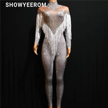 women Silver Crystals Jumpsuit long Sleeves Birthday Celebrate outfit Stretch Sexy Bodysuit Stage Performance Dance Rompers 2024 - купить недорого