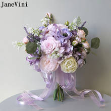 Buquê de flores artificiais roxo para noiva janevini, peônias rosa artesanal, buquê de noivas falso para madrinhas 2024 - compre barato