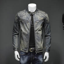 Men's Blue Denim Vintage Classic Biker Motorcycle Jacket Stand Collar Retro Slim Fit Distressed Racer Jeans Coat Drop Shipping 2024 - buy cheap
