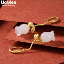 Uglyless-pendientes florales de lirio del valle para mujer, con flores de Jade Natural, piedras preciosas, aretes, hojas de plata 925, joyería romántica 2024 - compra barato