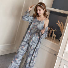 Conjunto de roupões femininos da moda com 3 peças, roupas de dormir estampadas com manga longa, pijama e roupas para casa, outono 2021 2024 - compre barato