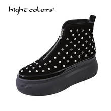 (34~40) British Style Ankle Boots Women Genuine Leather Front zipper Flat Platform Shoes Rivets Round Toe Women Footwear T5-604 2024 - buy cheap