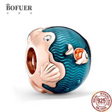 BOFUER 925 sterling silver Woman Jewelry Cute Puffer Fish Charms Bule ocean Beads Fit Bracelet DIY Pendant 2024 - buy cheap