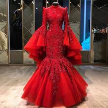 Роскошные красные мусульманские Вечерние платья-русалки с высоким воротом, асимметричные вечерние платья с длинным рукавом и бисером, женское платье для выпускного вечера 2024 - купить недорого