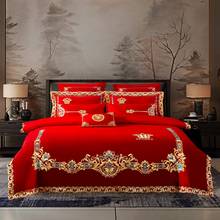 Luxury Red Wedding Style Golden Embroidery Cotton Duvet Cover Bed Linen Fitted Sheet Pillowcases Bedclothes Bedspread 2024 - buy cheap