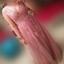 Foto real rosa tule longo vestido de noite 2019 elegante uma linha formal vestido de festa duplo decote em v sem mangas grânulo applique vestido de baile 2024 - compre barato