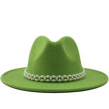 Sombrero Fedora de lana con cinta de perlas para mujer, Sombrero elegante de ala ancha para invierno y otoño, Sombrero Panamá para chica, Jazz 2024 - compra barato