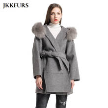 Novo casaco de lã de inverno real gola de pele de raposa capa cashmere jaqueta com cinto de moda feminina de lã outwear feminino s7494 2024 - compre barato