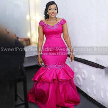Hot Pink Tiered Mermaid Evening Dresses With Beads Sequins Deep V Neck Real Photo Women Long Prom Dress Party Gowns 2024 - buy cheap