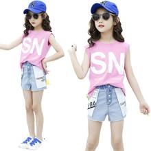 Elegante para meninas design roupas moda camisa blusa denim shorts 2pc conjuntos de roupas de criança verão 4 a 12 anos festa streetwear 2024 - compre barato