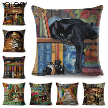 Funda de cojín con estampado de gato y libro para decoración del hogar, funda de almohada con dibujos de animales para sofá, coche, 45x45cm 2024 - compra barato