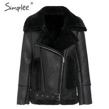 Simplee Thick pu leather winter coat women Zipper pockets sash belt faux fur jacket female Motor Outwear ladies warm overcoats 2024 - buy cheap