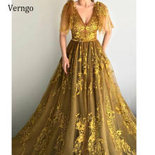 Verngo 2021 Luxurious Gold Lace Applique Evening Dresses A Line V Neck Ribbons Tulle Long Prom Gowns Dubai Arabic Party Event 2024 - buy cheap