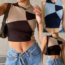 Patchwork Sleeveless Crop Top Women Y2K Summer Casual Basic T Shirts Sexy Off Shoulder Brown Blue Sleeveless Tank Tops 2021 2024 - buy cheap