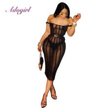 Women Sexy Stripe Sheer Mesh Bodycon Evening Club Dress with Pasties Slash Neck Off Shoulder Sheath Midi Party Summer Dresses 2024 - buy cheap