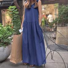 2021 ZANZEA Fashion Denim Blue Maxi Dress Women Summer Sundress Casual Sleeveless Tank OL Vestidos Female Pleated Robe Plus Size 2024 - buy cheap