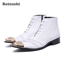 Batzuzhi Fashion Men Boots Gold Iron Toe Genuine Leather Ankle Boots Lace-up White Wedding Dress Boots Business botas hombre, 12 2024 - buy cheap