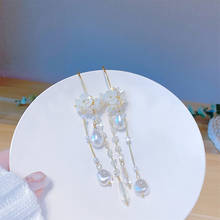 Pendientes colgantes de perlas para mujer, aretes largos con borla de flores, joyería de moda coreana, accesorios de fiesta de boda 2024 - compra barato