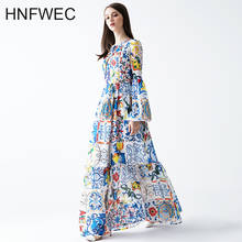 Europa 2020 primavera nova feminina vestido longo impressão moda chiffon senhoras vestido de manga comprida roupas femininas v936 2024 - compre barato