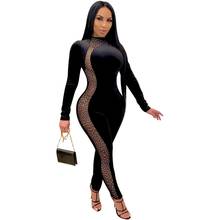 STYLISH LADY Glitter Velvet Crystal Rompers and Jumpsuits 2020 Autumn Women Long Sleeve Turtleneck Mesh Club Party Overalls 2024 - buy cheap