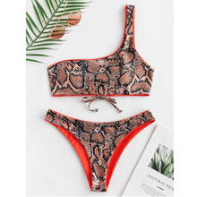 Bikini estampado de piel de serpiente para mujer, traje de baño Sexy de un hombro, bañador dividido, traje de baño de dos piezas de estilo vendaje, ropa de playa # T2G 2024 - compra barato