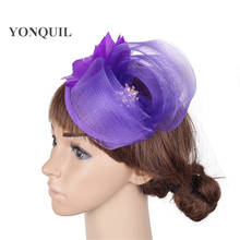 Purple Sinamay Hair Fascinator Hat Women Headband With Fancy Feather Flower Elegant Headwear With Bow Decor Hair Accessories 2024 - buy cheap
