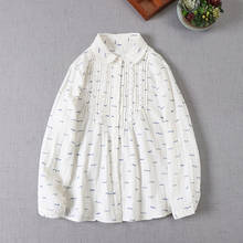 Japan Style Mori Girl Cotton Print White Shirt New Spring Peter Pan Collar Long Sleeve Blouse Women 2024 - buy cheap