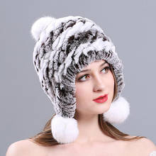 Chapéu de pele de coelho com pompoms, inverno outono, grosso, quente, tampas, gorros de orelha femininos e femininos, chapéus de malha da moda 2024 - compre barato