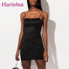 Karlofea Female Black Fishing Net Dress Summer Fashion Diamonds Club Party Dress Elegant Strap Pencil Dress Casual Outfits Wear 2024 - buy cheap